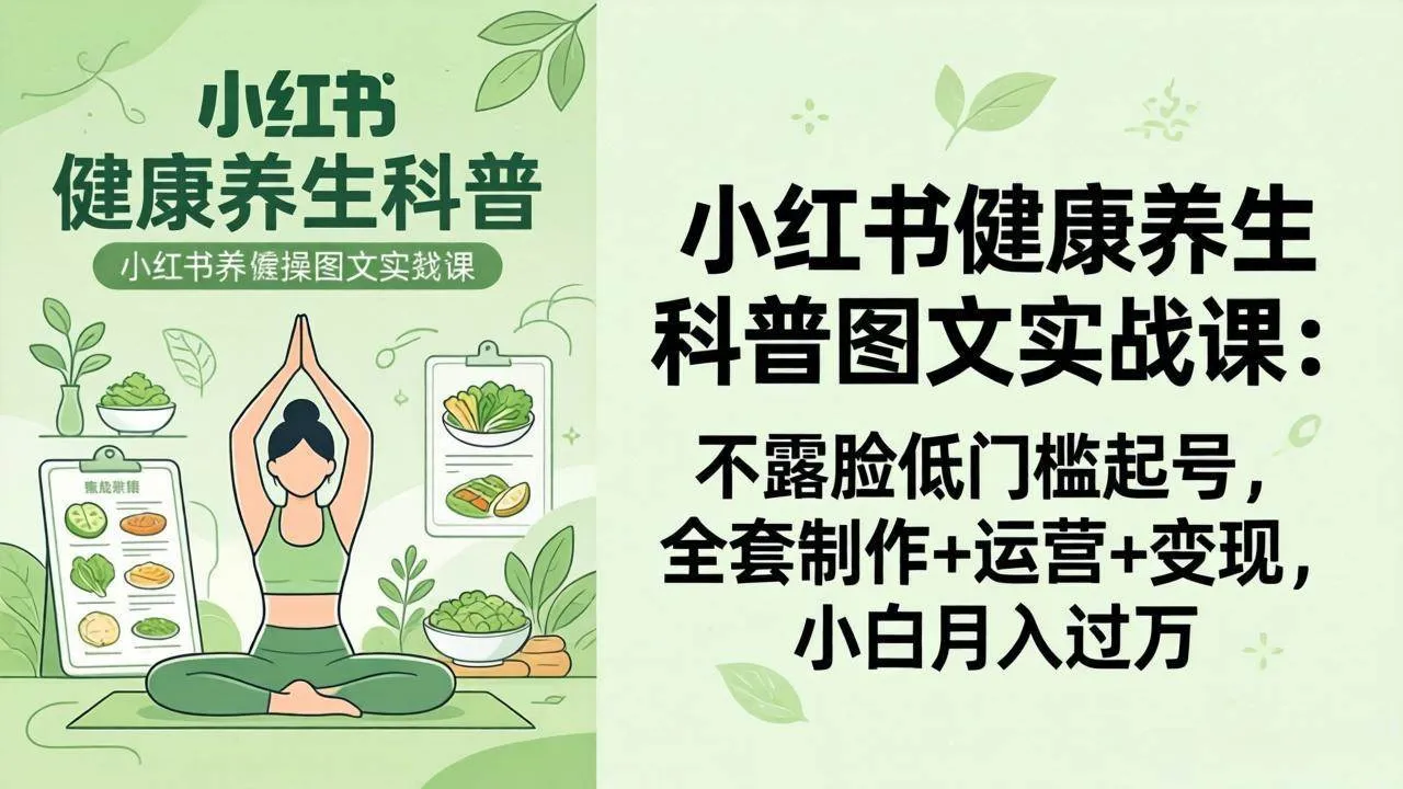 【精】2026小红书健康养生科普图文实战课：不露脸低门槛起号，全套制作+运营+变现，小白月入过万
